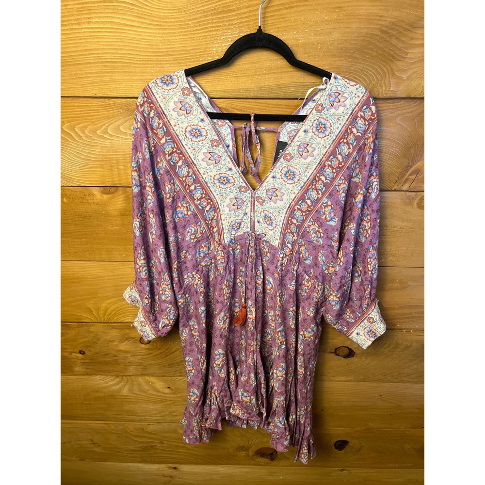 Aakaa Bohemian Mini Dress‎ Floral Print Tassel Tie V Neck Dolman Sleeve S Event